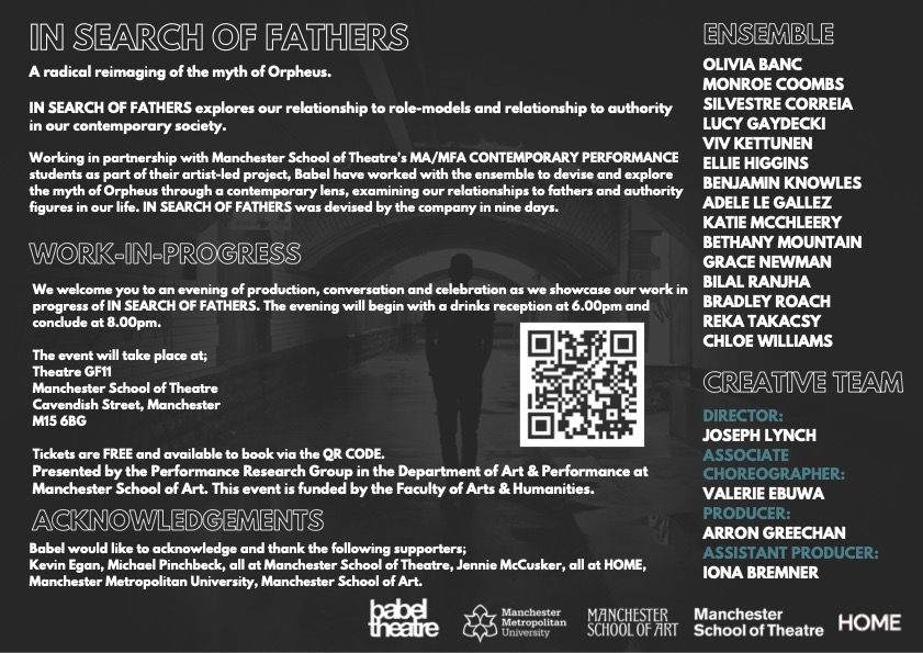 Very excited to host sharing of <a href="/babel_theatre/">Babel Theatre</a> work-in-progress devised with our MA/MFA Contemporary Performance students <a href="/McrSchArt/">Manchester School of Art</a>. In Search of Fathers explores our relationship to role models &amp; authority in contemporary society. Supported by <a href="/HOME_mcr/">HOME</a>. art.mmu.ac.uk/events/2022/in…