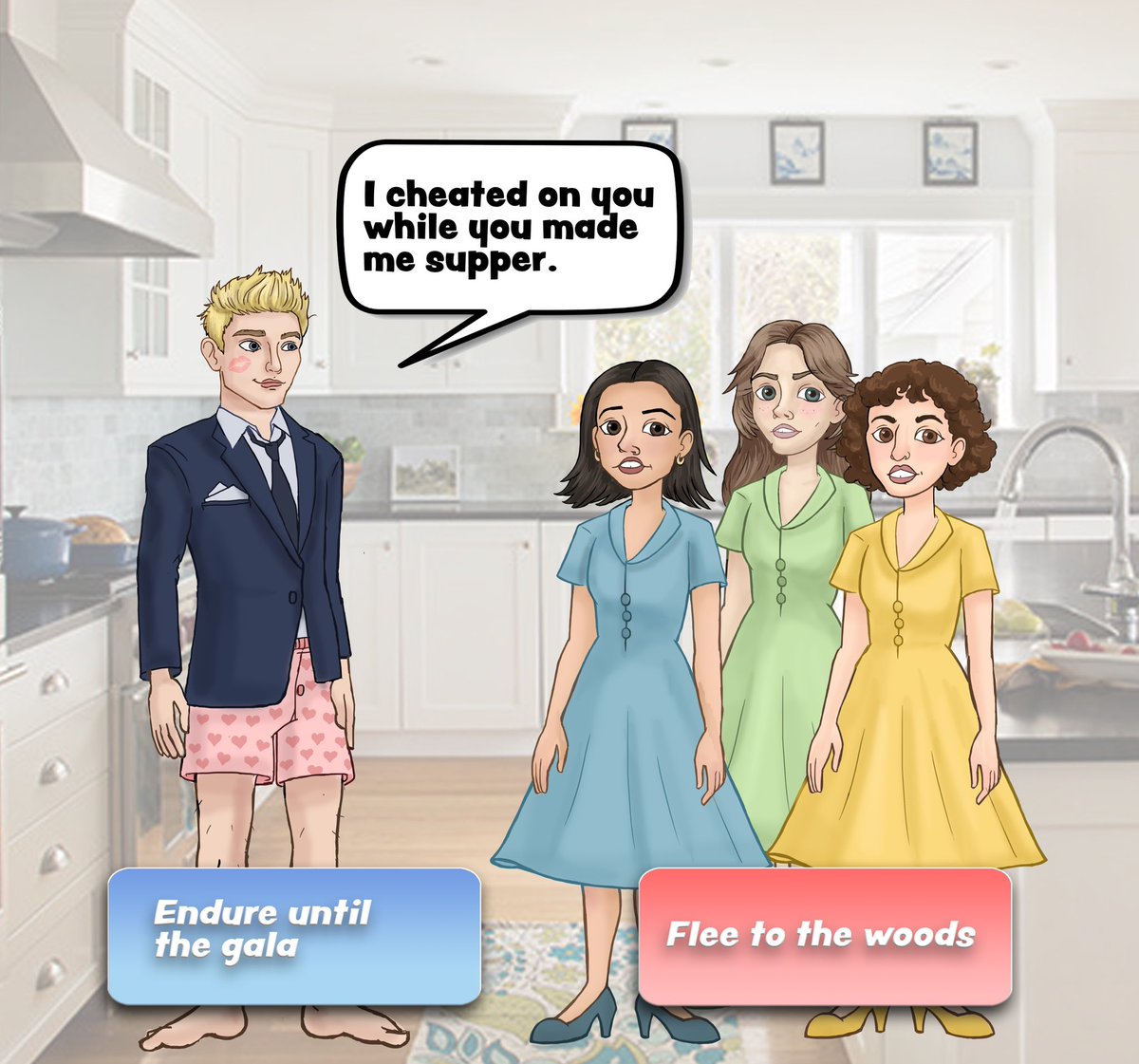 JulieAbridged's tweet image. i made some concept art for one of those unhinged app game ads. this one is called “three wife”