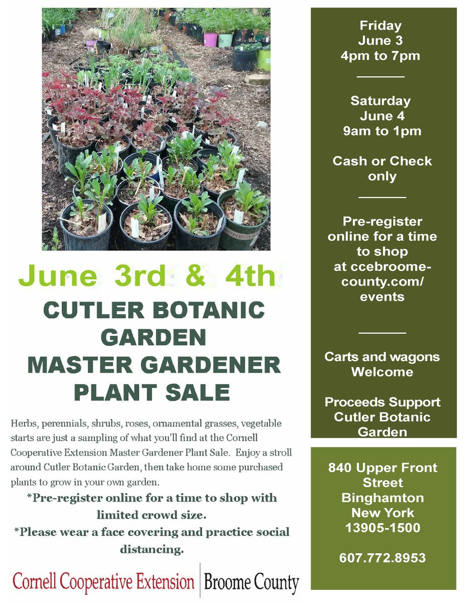 Our Annual Plant Sale will take place on 6/3 from 4 to 7 pm and 6/4 from 9 am to 1 pm.

Pre-register for a free time slot  to shop with limited crowd size on Friday only.  Credit Cards will be accepted on Friday only.

To register, visit:  reg.cce.cornell.edu/2022plantsale_…