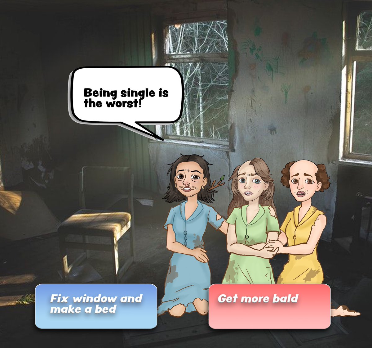 JulieAbridged's tweet image. i made some concept art for one of those unhinged app game ads. this one is called “three wife”