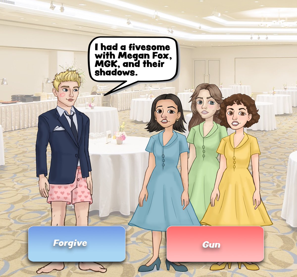 i made some concept art for one of those unhinged app game ads. this one is called “three wife”