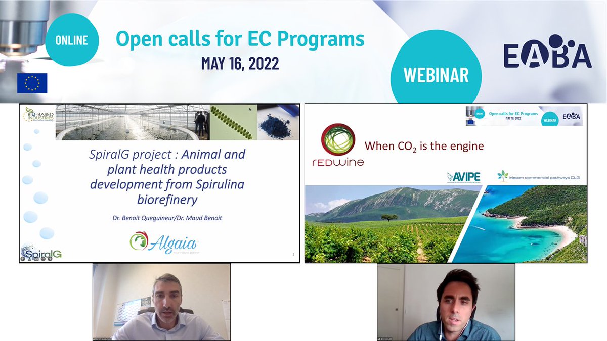 EABA_Algae's tweet photo. Presentations of the @SpiralG3 project, with Benoit Queguineur from ALGAIA, and of the REDWine Project, with Derek Latil de Ros from Inlecomsystems, AVIPE.

#algae #horizoneurope #funding #microalgae #macroalgae #innovation #research #projects #europeancommisson #webinar https://t.co/uFLI0nGpqC