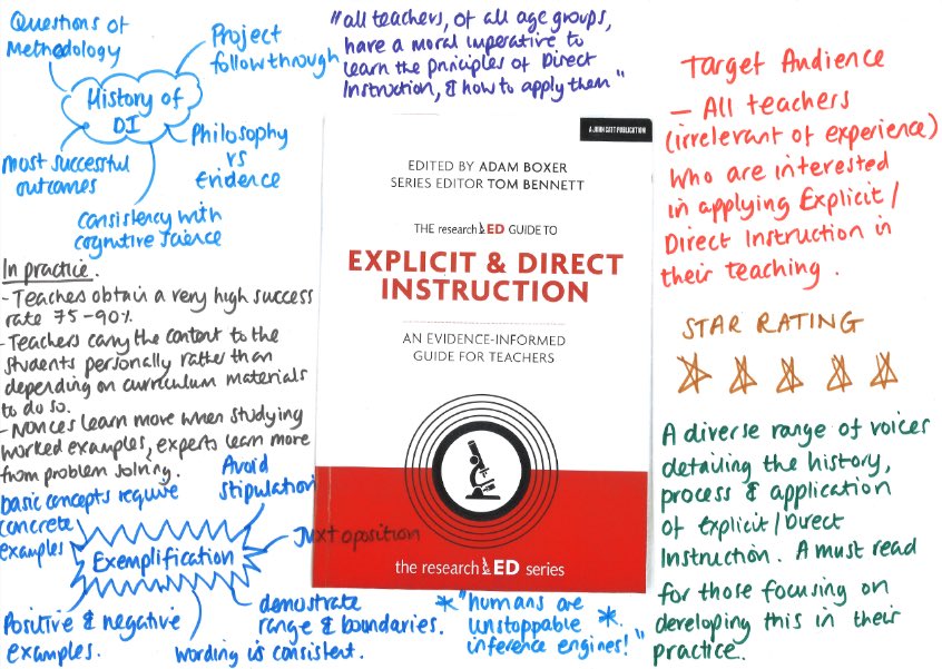 CatherineRusht2's tweet photo. My 3rd great read on direct/explicit instruction #cpdbookvisual
Great for those looking to apply DI. Gives a range of examples & explains different aspects effective DI!
Ironically/deliberately? it gives constructivism as a non-example!๐
@adamboxer1 @tombennett71 @greg_ashman https://t.co/xdOj5hjGnD