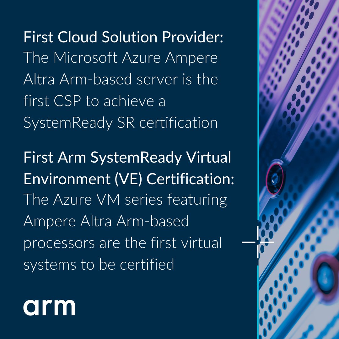 Arm's tweet photo. .@Azure is officially a part of our #SystemReady program, with not one but two firsts in the Arm-based server and VM space!🥳

By leading the way in driving standards, together we can build an innovative server ecosystem that just works across generations: https://t.co/sfvLJyze61 https://t.co/I6FpLcV1vj