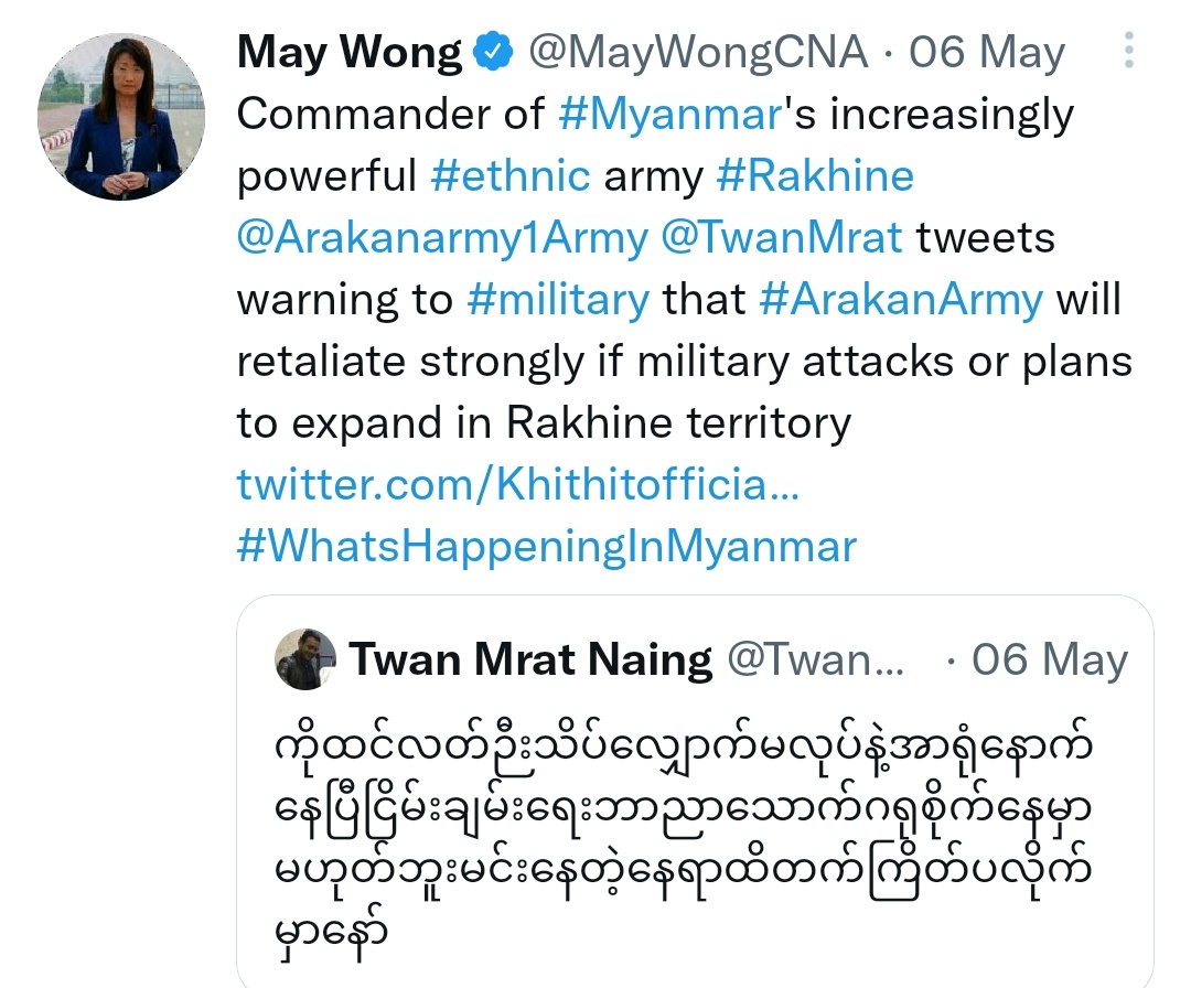 MayWongST's tweet photo. When increasingly powerful #Myanmar #Rakhine #ethnic army #ArakanArmy @TwanMrat @nyotwanawng meets with civilian @NUGMyanmar but rejected #military chief's invite for peace talks. #AA chief had even warned military of its actions https://t.co/SfINnBdhsk #WhatsHappeninglnMyanmar https://t.co/q7JJfwHX62