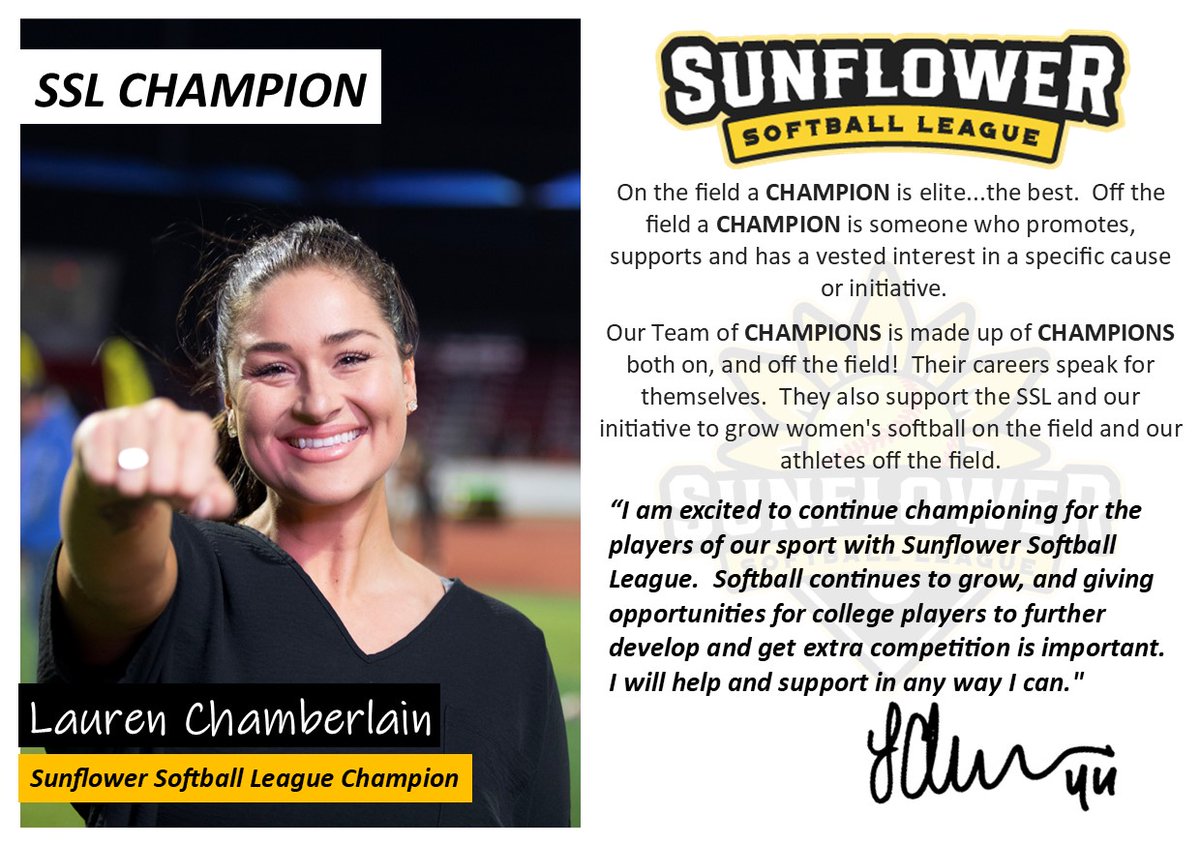 We are ecstatic to announce our 1st Sunflower Softball League Champion, <a href="/wprofastpitch/">Women's Professional Fastpitch</a> Commissioner <a href="/LChamberlain44/">Lauren Gipson</a>!
On the field a CHAMPION is elite, the best.  Off the field a CHAMPION is someone who promotes, supports &amp; has a vested interest in a specific cause or initiative.