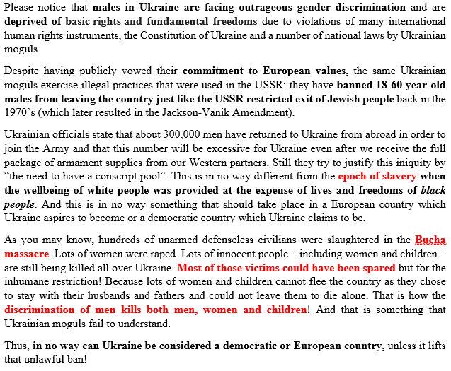 Gonzoajohn's tweet photo. @OliverVarhelyi @DmytroKuleba Males in Ukraine are facing outrageous discrimination! Their freedom is restricted exactly the way the freedom of Jews in the USSR and black people in the USA used to be restricted! Ukraine can't be accepted to the EU, unless this illegal ban is lifted! https://t.co/XIdLH7afTV