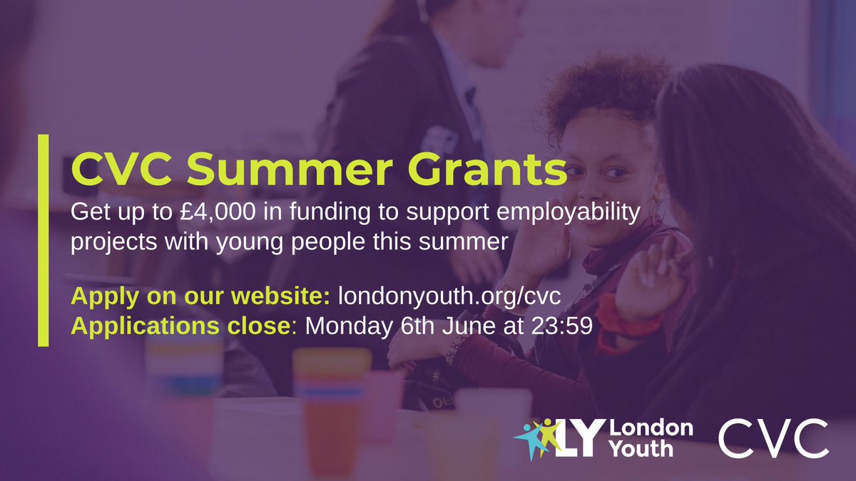 LondonYouth's tweet image. Summer Grants applications are open!

Funding is available for employability projects that improve young people's skills, increase their knowledge of careers, and improve access to work experience and jobs.

Apply on our website: londonyouth.org/cvc