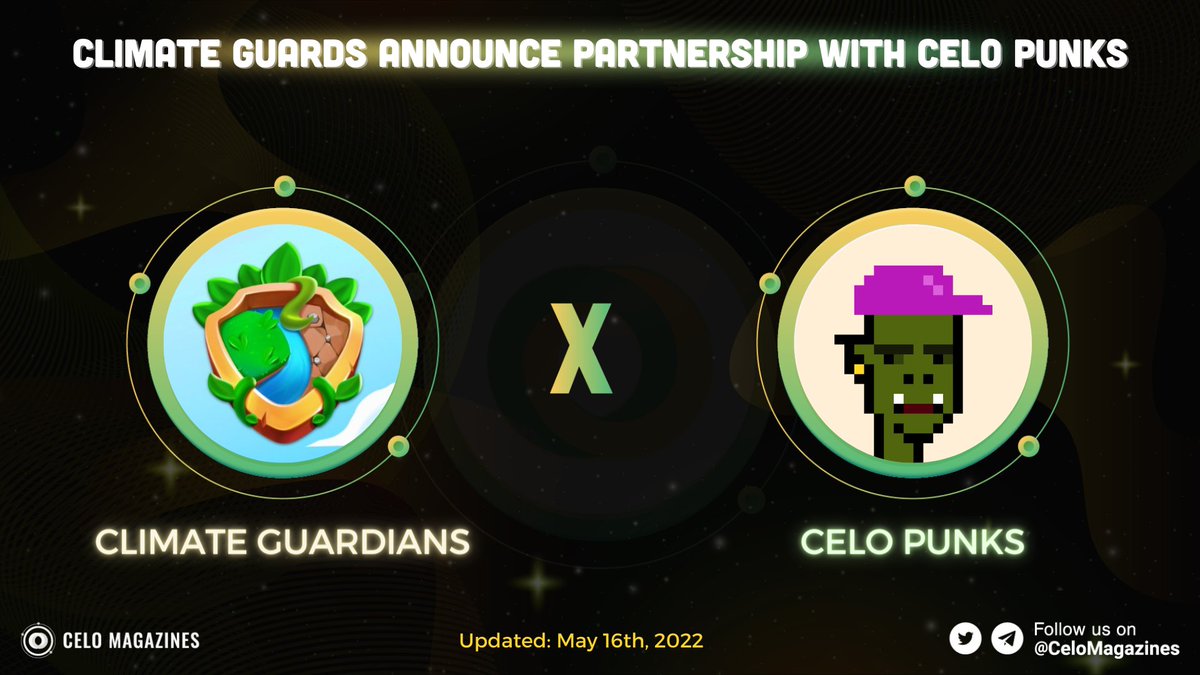 CeloMagazines's tweet image. 🤝@ClimateGuards X @CeloPunks 

️🎯#CeloPunks offers over 10,000 digital characters on @CeloOrg 

📌#ClimateGuards is a new conservation strategy game on #CeloOrg &amp;amp; presents CeloPunks #NFTs to celebrate

🎁Join and win here: bit.ly/3FOenRu

#CELO $CELO #NFTGiveaways