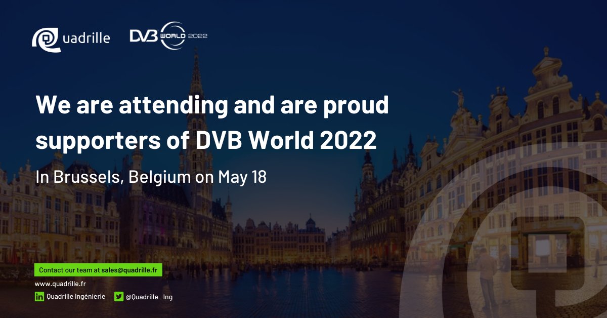 Quadrille (@quadrille_ing) on Twitter photo We will be attending the <a href="/DVB_Project/">DVB</a> at the DVB World 2022 unconference in Brussels.
We are happy to be part of the first Native IP GSE Demonstration over satellite.
Join us on May 18th
#DVBProject #DVBWorld #DVBWorld2022 #Broadcast #Satellite #Unconference #Quadrille We will be attending the <a href="/DVB_Project/">DVB</a> at the DVB World 2022 unconference in Brussels.
We are happy to be part of the first Native IP GSE Demonstration over satellite.
Join us on May 18th
#DVBProject #DVBWorld #DVBWorld2022 #Broadcast #Satellite #Unconference #Quadrille