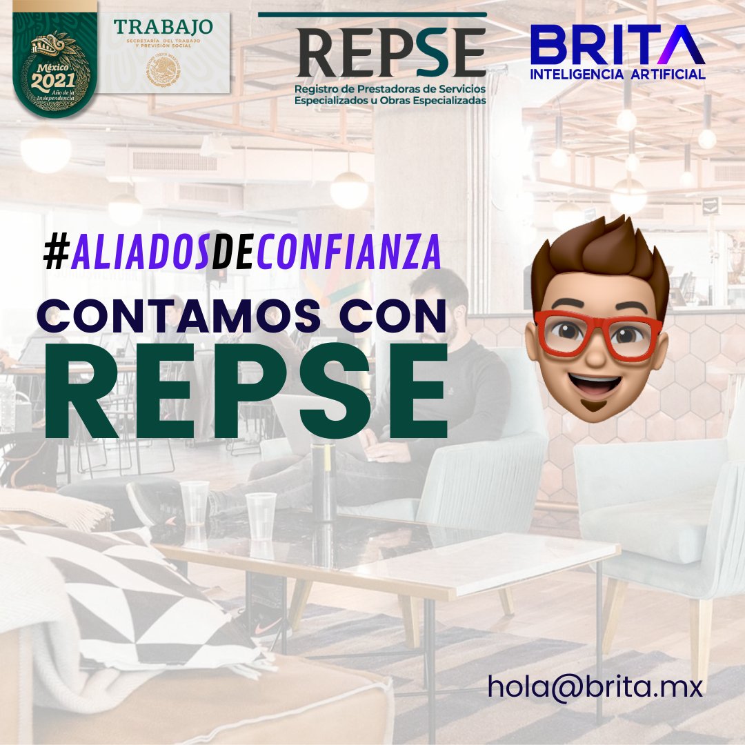 brita_ia's tweet photo. #AliadosDeConfianza 😎🇲🇽

🔥🤖 Brita Inteligencia Artificial cuenta con el REPSE un registro que nos permite mostrar que somos una empresa de confianza. Queremos ser tus aliados para que logres tus objetivos.

#inteligenciaartifical #empresasemergentes #empresasinteligentes https://t.co/eeqrAoxoAp
