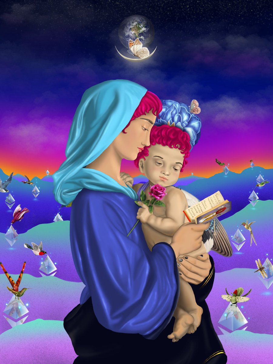 GM Flower Fam #NFTCommunity &amp; #NFTFriends 🤗 had to make 1 more #FlowerGirlsArt piece because <a href="/Flowergirlsnft/">The Flower Girls 🌸</a> is a whole WEB3 religion🌺🛐🌺 Inspired by the old masters &amp; the new crypto era: 
Madonna of the Ether Rocks🌄💙