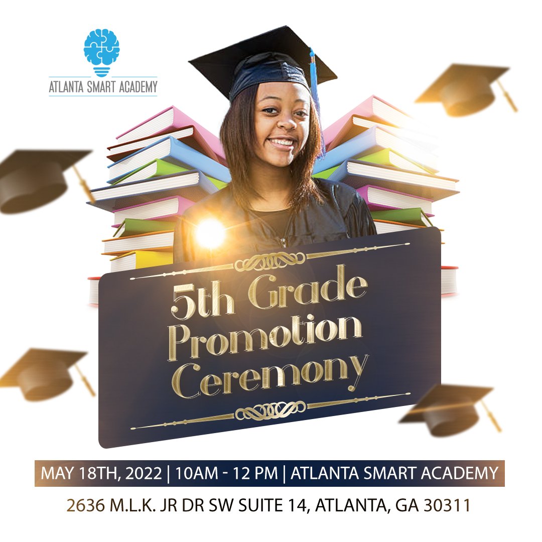 atlantasmartac1's tweet photo. We are so proud of our graduating 5th grade solutionists!
Celebrate them at their promotion ceremony on May 18th @ 10 AM at Atlanta SMART Academy!
We hope to see you there!
#ASA #STARTatSMART #GACharters https://t.co/PBnjQEuut2