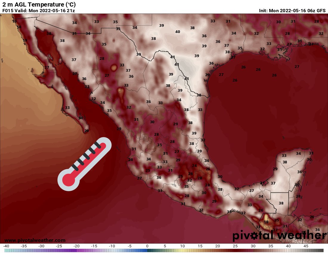 SkyAlertStorm's tweet photo. 🔴🥵Calor de 28-40 °C en promedio en #México; 40-43 °C en el noreste y occidente; 25-30 °C Valle de México-altiplano.
⚠️☀️Índice UV muy alto-extremo en el centro-sur.
¡Hidrátate bien y evita asolearte!

🌦Lluvias/tormentas aisladas en Chih, Dgo, Jal, Mich, Oax, Chis, Camp y QRoo. https://t.co/uzLSejQjG7