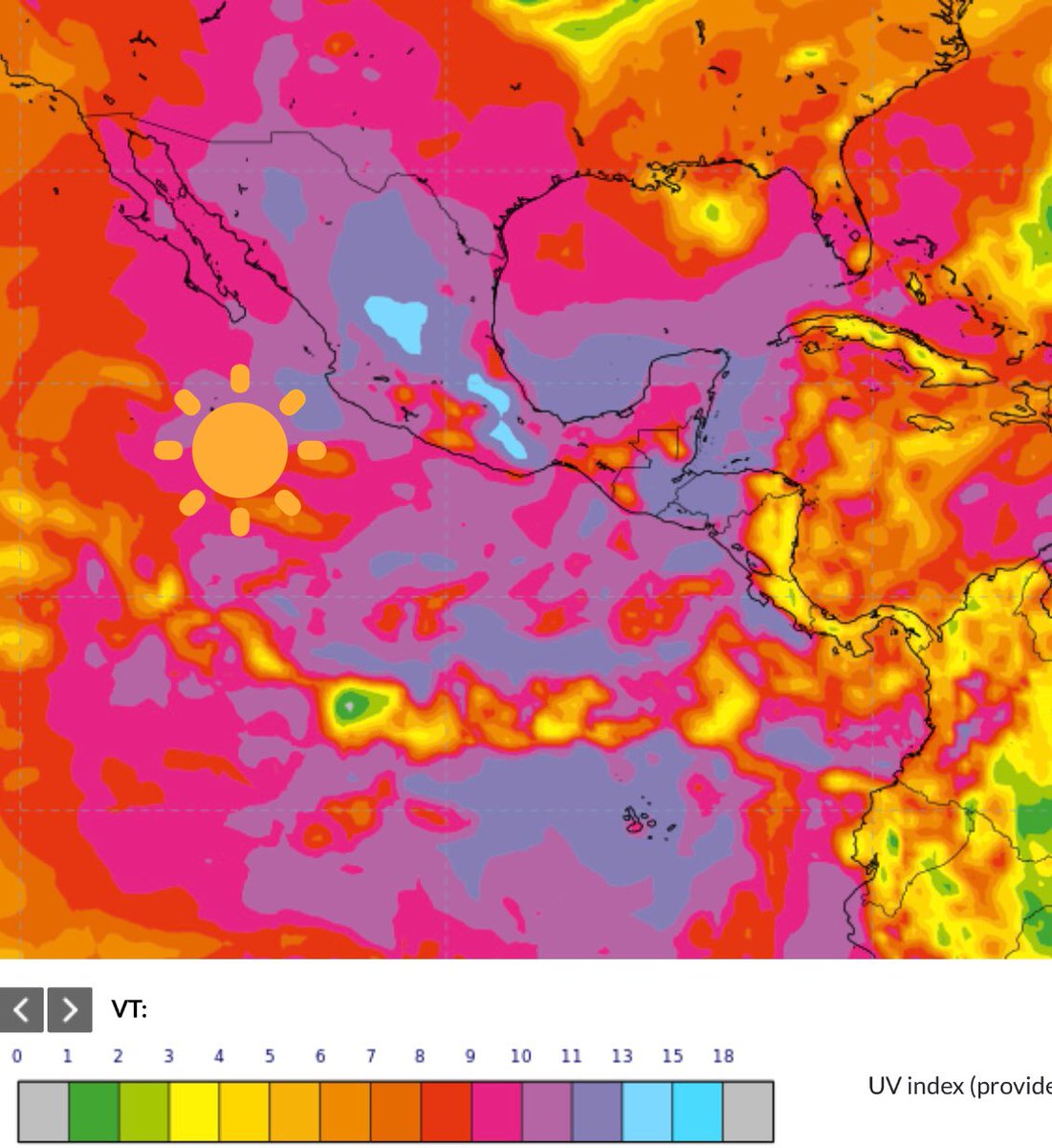 SkyAlertStorm's tweet photo. 🔴🥵Calor de 28-40 °C en promedio en #México; 40-43 °C en el noreste y occidente; 25-30 °C Valle de México-altiplano.
⚠️☀️Índice UV muy alto-extremo en el centro-sur.
¡Hidrátate bien y evita asolearte!

🌦Lluvias/tormentas aisladas en Chih, Dgo, Jal, Mich, Oax, Chis, Camp y QRoo. https://t.co/uzLSejQjG7