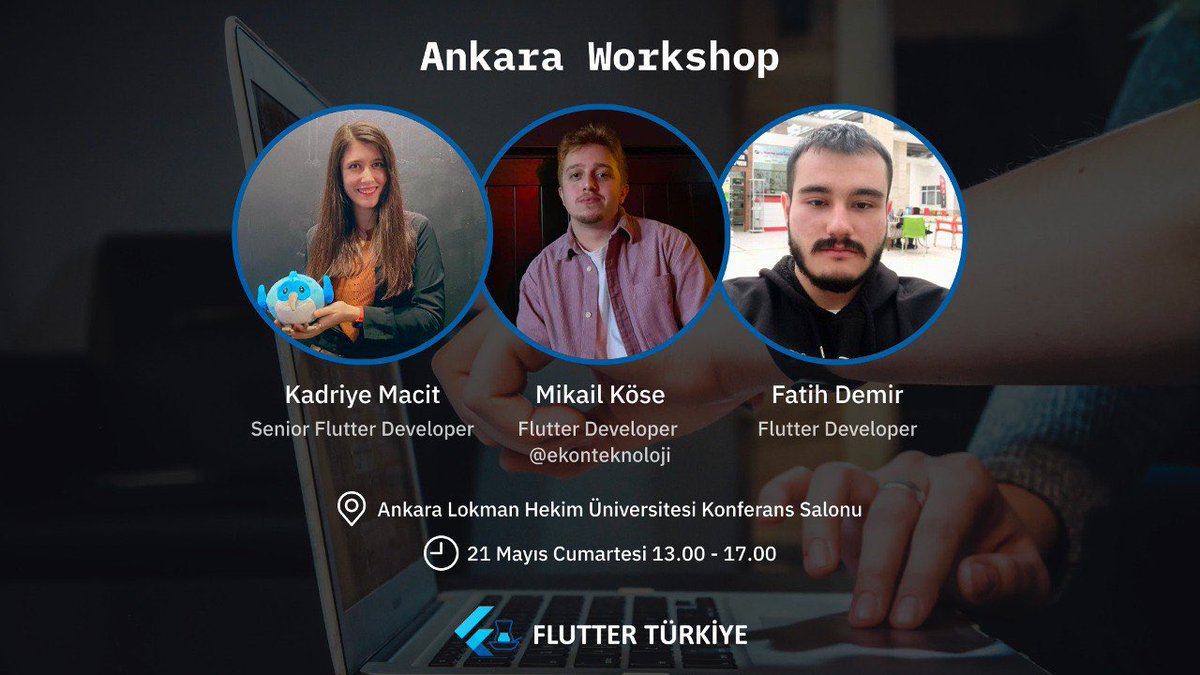 Flutter_Turkiye's tweet photo. Flutter Türkiye olarak Ankara'da ilk fiziksel workshop'umuzu düzenliyoruz. Kadriye Macit, Mikail Köse ve Fatih Demir'in katılımıyla birlikte 21 Mayıs Cumartesi günü Lokman Hekim Üniversitesi konferans salonunda buluşalım. Etkinliğe kayıt olmak için 👇🏻

https://t.co/aVjXcXErMm https://t.co/nhg6RYURry