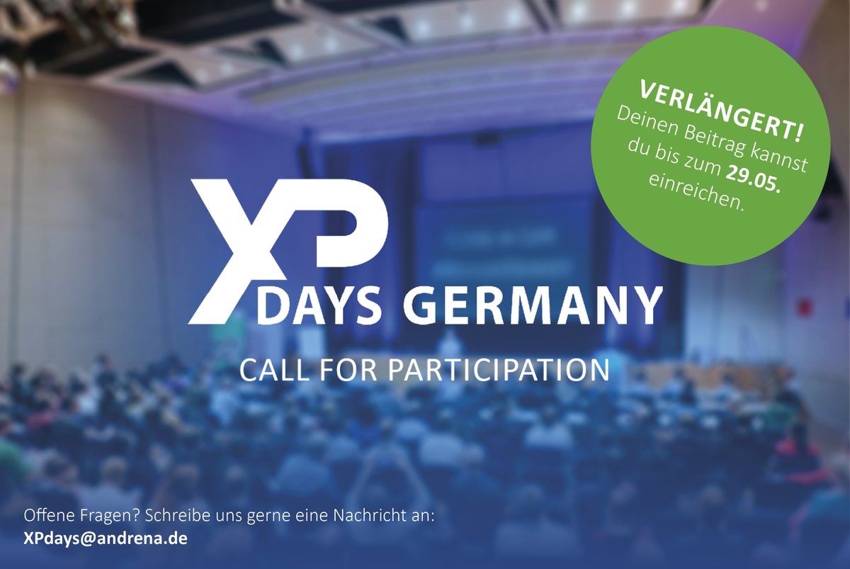 xpdays_de's tweet image. Wir verlängern den Call for Contributions bis zum 29.05.2022. 
Wusstest du schon: Bei den #xpdays kannst du das Programm aktiv mitgestalten, indem du die Einreichungen bewertest und den Referenten Feedback gibst.
xpdays.de/2022/call-for-…
#xdde22 #xpdays #andrenaobjects