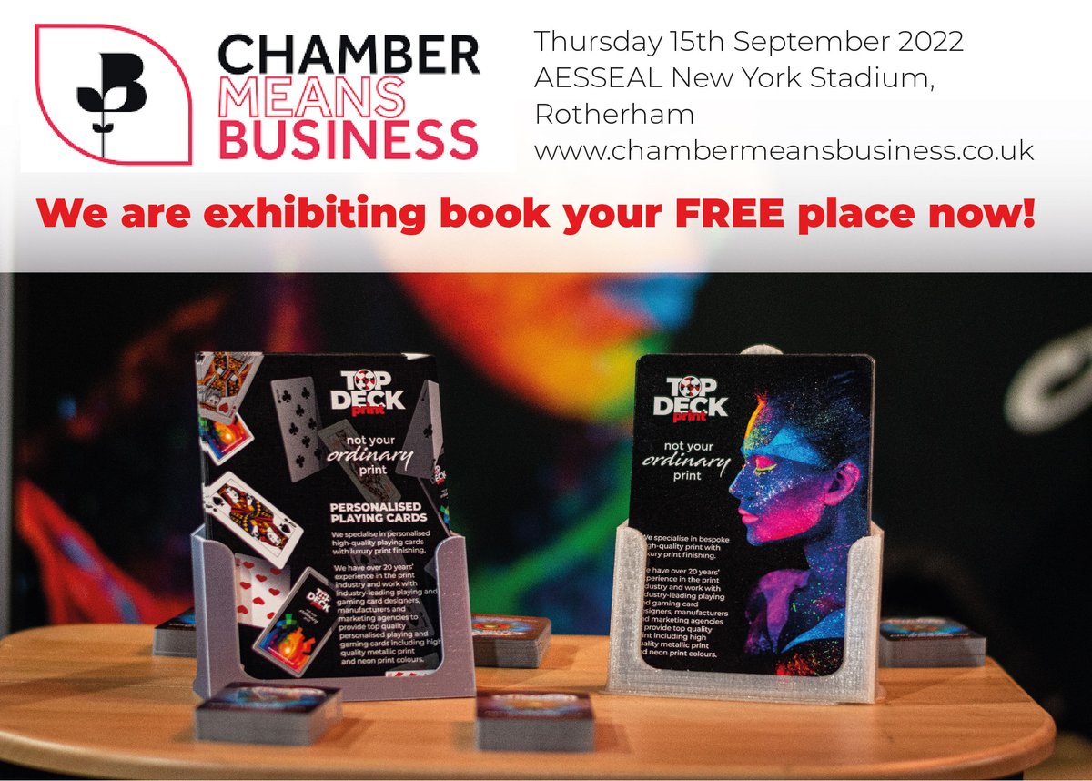 TopDeckPrint's tweet photo. TopDeck Print will be exhibiting at @brchamberuk annual business exhibition, Chamber Means Business, on Thurs 15 Sept 2022 at AESSEAL @NewYork Stadium in Rotherham. #highqualityprinting #personalisedgifts #playingcards #coasters #booklets
https://t.co/Osm53JWIqG https://t.co/ibtTDIHeoF