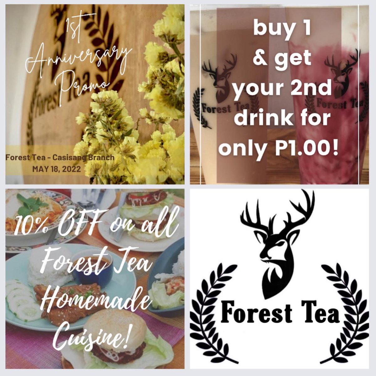 forestteashop's tweet photo. Enjoy Forest Tea - Casisang’s 1st Anniversary Promo on May 18, 2022!!!🥳

📣Buy 1 and Get Your 2nd Drink for only P1.00!

📣📣 10% OFF on all Homemade Cuisine!

 Please come and bring your friends &amp; loved ones!🤗

See you, Forest Friends!🦌

#ForestTeaCasisang1stAnniversary 🎉 https://t.co/xnNDXfzuUE