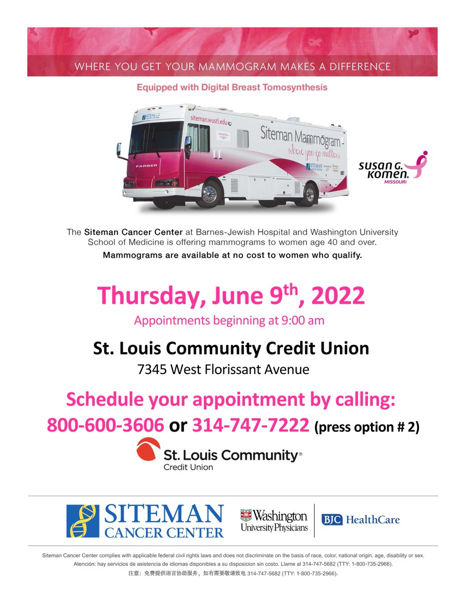 We’re joining our partners at Siteman to offer mobile mammography service. Screenings will take place at our Jennings branch on June 9. Reserve your spot today!