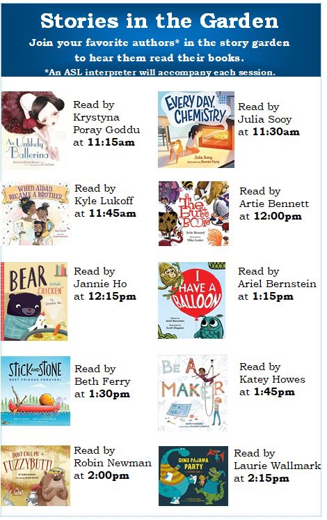 Kateywrites's tweet photo. So excited for the @scybookfest this Saturday! Check out this awesome line up of author and/or illustrator read-alouds in the Story Garden! I hope to see you there!! https://t.co/C2hragpRLm