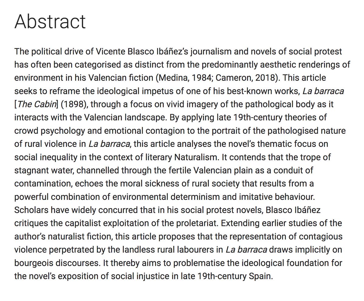 PathBodyLit's tweet photo. The 4th article from our open access #MedHums #ModLangs @openlibhums special issue is published!

Katharine Murphy
'The Contagious Effects of Rural Violence: Social Pathologies and Injured Bodies in Blasco Ibáñez’s La barraca (The Cabin)'

#Naturalism

https://t.co/krO3zFEGER https://t.co/g3YUMn7d0D
