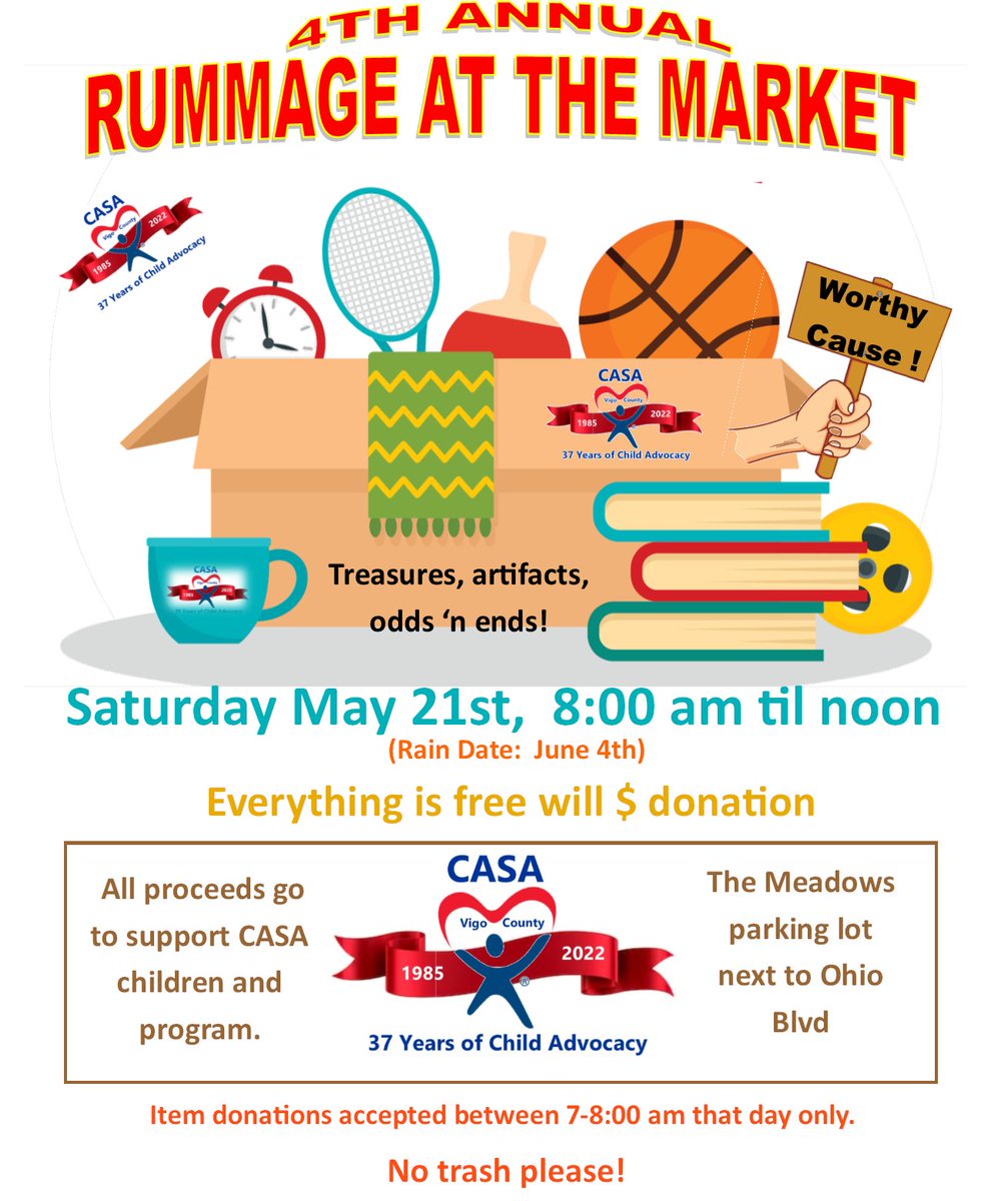 Vigo_CASA's tweet photo. We are officially one week away!! Make sure to tell your friends and we will see you Saturday for our 4th Annual Rummage Sale!! https://t.co/SLCqirDTKU