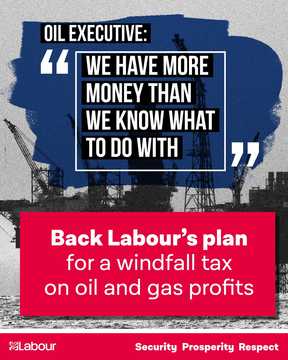 The Conservatives let oil and gas companies make record profits whilst energy bills rocket for working people. But Labour is on your side. A windfall tax would cut energy bills for millions of households.