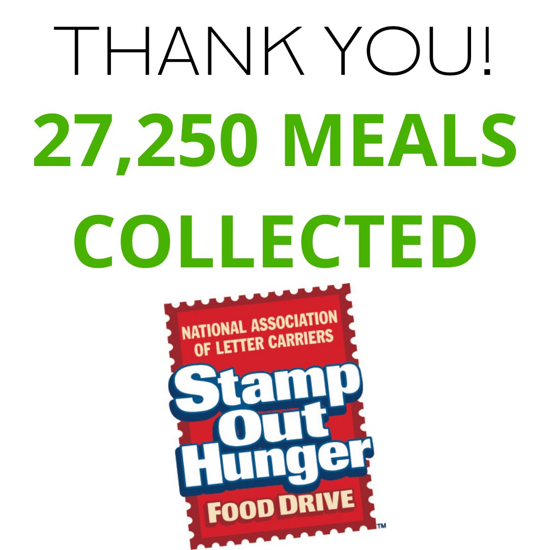 The results are in! Thanks to the <a href="/NALC_National/">Letter Carriers</a>, and wonderful volunteers, 27,250 meals were donated to <a href="/RiverbendFood/">River Bend Foodbank</a> during the 2022 Stamp Out Hunger food drive!
Thanks to the National Association of Letter Carriers for leading the charge!