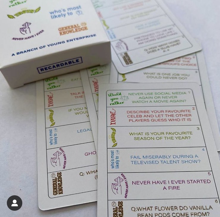 recardable's tweet photo. The game consists of 52 cards with a truth or dare question , would you rather , who’s most likely to , general knowledge and never have i ever question on each card. You roll a dice and answer the corresponding question on the card. As simple as that !! 🎲🃏 https://t.co/F2NRlo0AdO