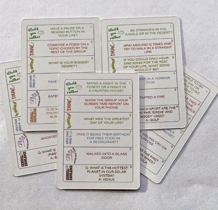 recardable's tweet photo. The game consists of 52 cards with a truth or dare question , would you rather , who’s most likely to , general knowledge and never have i ever question on each card. You roll a dice and answer the corresponding question on the card. As simple as that !! 🎲🃏 https://t.co/F2NRlo0AdO