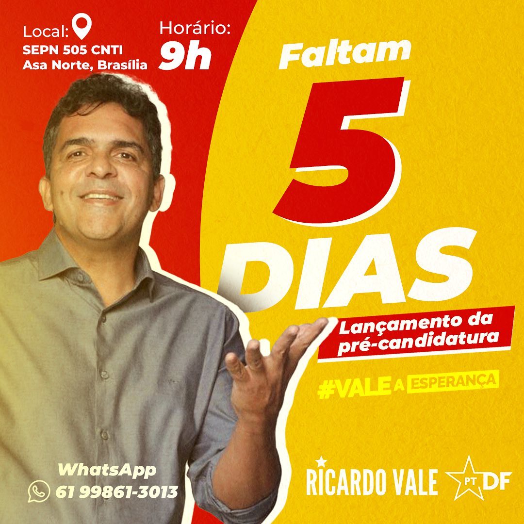 ricardovaledf's tweet image. Começando a semana lembrando que faltam apenas 5 dias para o lançamento da nossa pré-candidatura.

#ValeAEsperanca
#ValeALuta