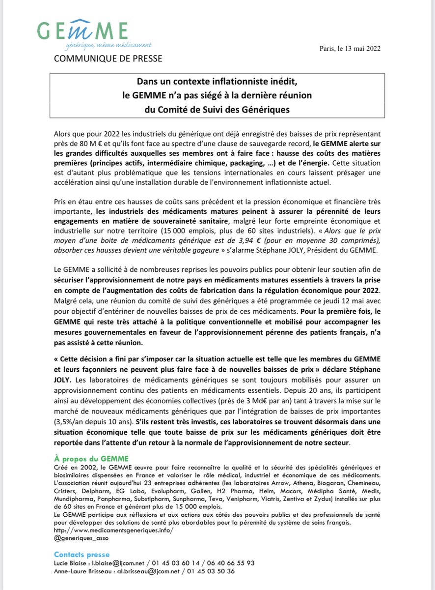 Communiqué de presse : "Le GEMME s'inquiète 😟 de l'impact de l'inflation 📈 sur la disponibilité des médicaments 💊 matures"