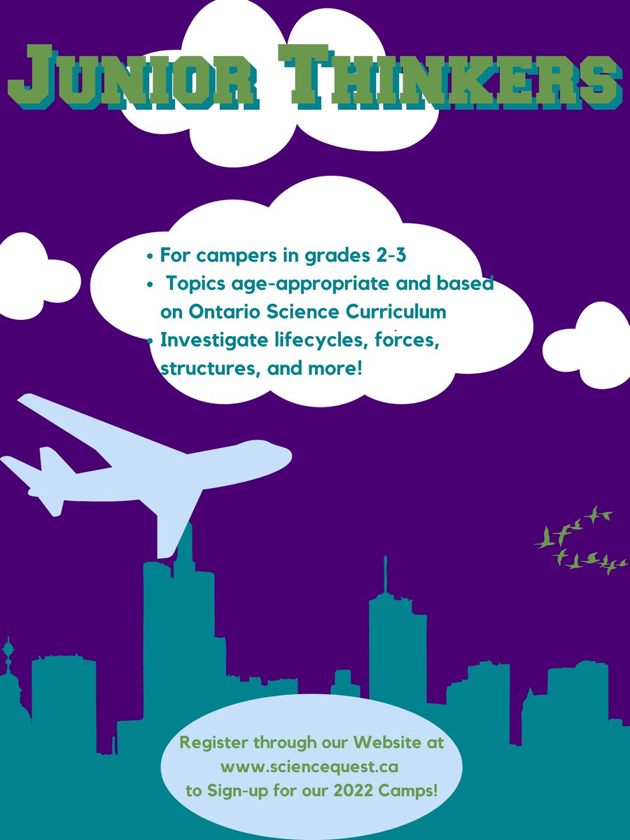 ScienceQuestQ's tweet photo. Science Quest’s Junior Thinkers camp is filling up quick! Weeks 2, 3, 4, &amp; 8 are completely full and other weeks are approaching capacity. Register now to Secure your spot! This is for campers in grades 2-3 with topics appropriately aligning with the Ontario Science Curriculum. https://t.co/dEZnSKOJSN