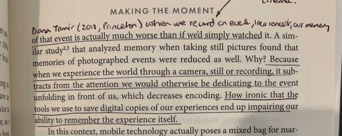 Study from Tamir at Princeton shows that when we record an event we tend to remember less of it

In the excellent Blindsight by ⁦<a href="/mattjohnsonisme/">Matt Johnson, PhD | NeuroScience Of</a>⁩ &amp; Prince Ghuman
