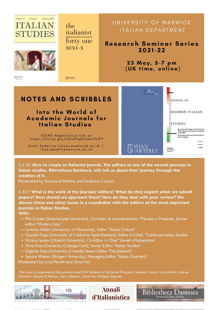 Warwick Italian (@warwickitalian) on Twitter photo 📢 Monday 23rd May, 5-7pm: do not miss <a href="/WarwickItalian/">Warwick Italian</a> online roundtable on academic journals in Italian Studies - with <a href="/BibDant/">Bibliotheca Dantesca</a> editors, <a href="/PhilipCooke65/">Phil Cooke</a>, Lorenzo Fabbri (<a href="/UMNews/">University of Minnesota</a>), <a href="/claudiofogu/">Claudio Fogu</a>, Monica Jansen (<a href="/UniUtrecht/">Utrecht University</a>), <a href="/s_ross_ucc/">Silvia Ross</a>, <a href="/gigliols/">Gigliola Sulis</a>, Sandra Waters (<a href="/RutgersSAS/">Rutgers SAS</a>) 📢 Monday 23rd May, 5-7pm: do not miss <a href="/WarwickItalian/">Warwick Italian</a> online roundtable on academic journals in Italian Studies - with <a href="/BibDant/">Bibliotheca Dantesca</a> editors, <a href="/PhilipCooke65/">Phil Cooke</a>, Lorenzo Fabbri (<a href="/UMNews/">University of Minnesota</a>), <a href="/claudiofogu/">Claudio Fogu</a>, Monica Jansen (<a href="/UniUtrecht/">Utrecht University</a>), <a href="/s_ross_ucc/">Silvia Ross</a>, <a href="/gigliols/">Gigliola Sulis</a>, Sandra Waters (<a href="/RutgersSAS/">Rutgers SAS</a>)