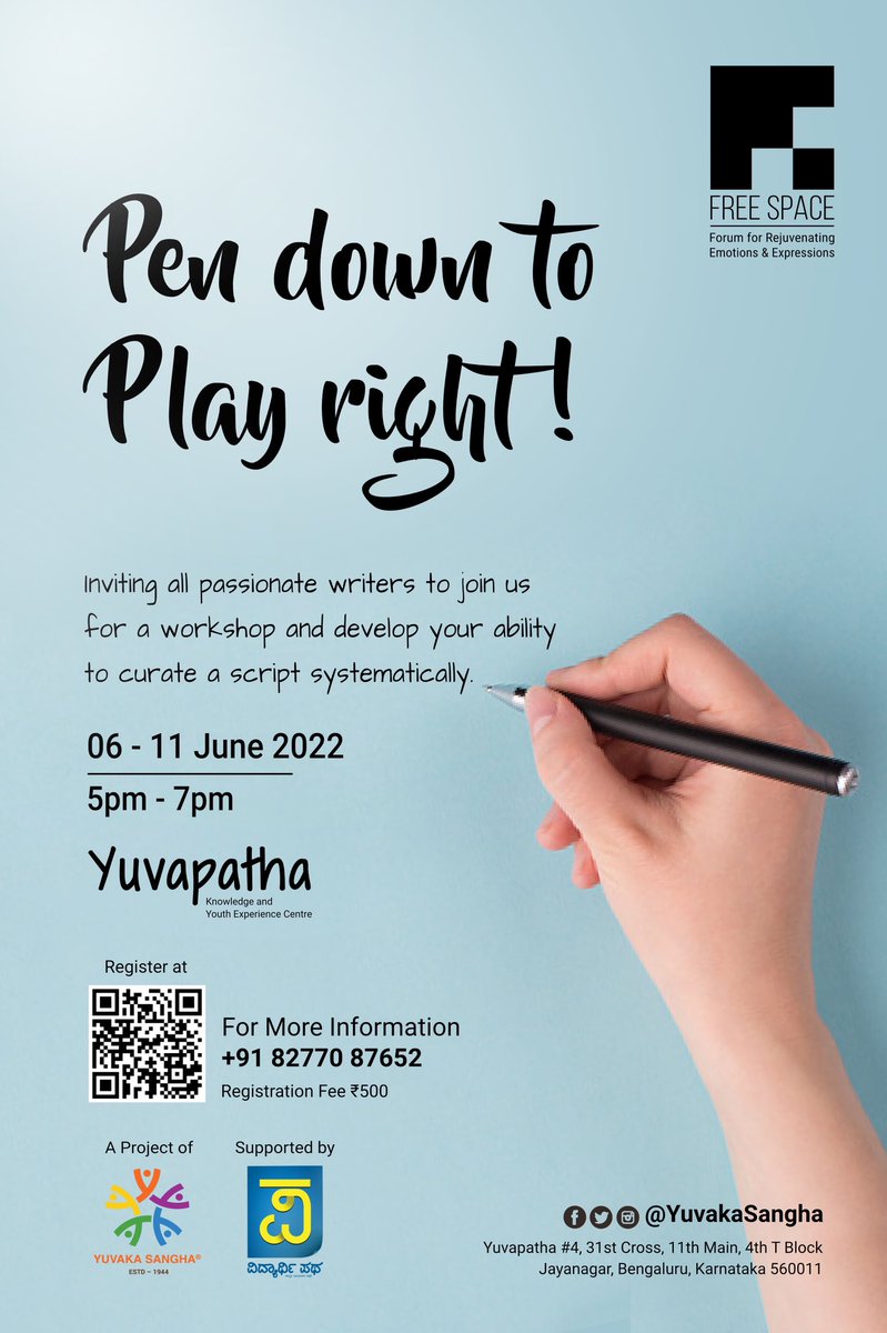 iMaheshK's tweet photo. Pen down to play right. Learn to be confident &amp; express yourself to explore the real passion.
#FreeSpace #YuvakaSangha #Theathre https://t.co/7gO66u80nM