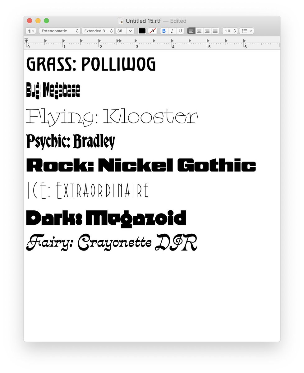 Classifying my Font of the Month Club fonts as Pokémon types, attempt #1