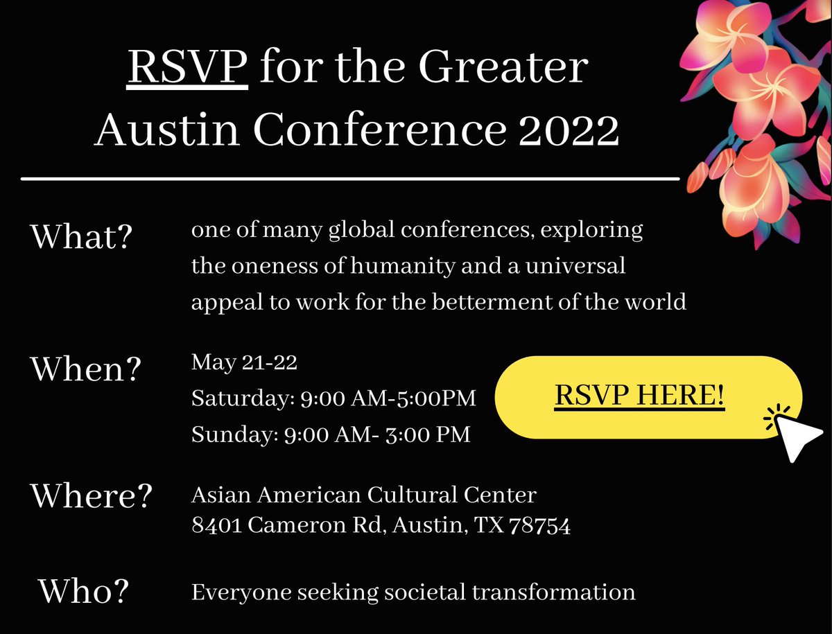 AustinBahai's tweet photo. Have you registered for the Austin Conference?
https://t.co/BLxAteZTYU

This event is FREE, &amp; open to anyone interested. Please share with those engaged in community building activities or conversations who want to join us! https://t.co/rqofSVyWI0