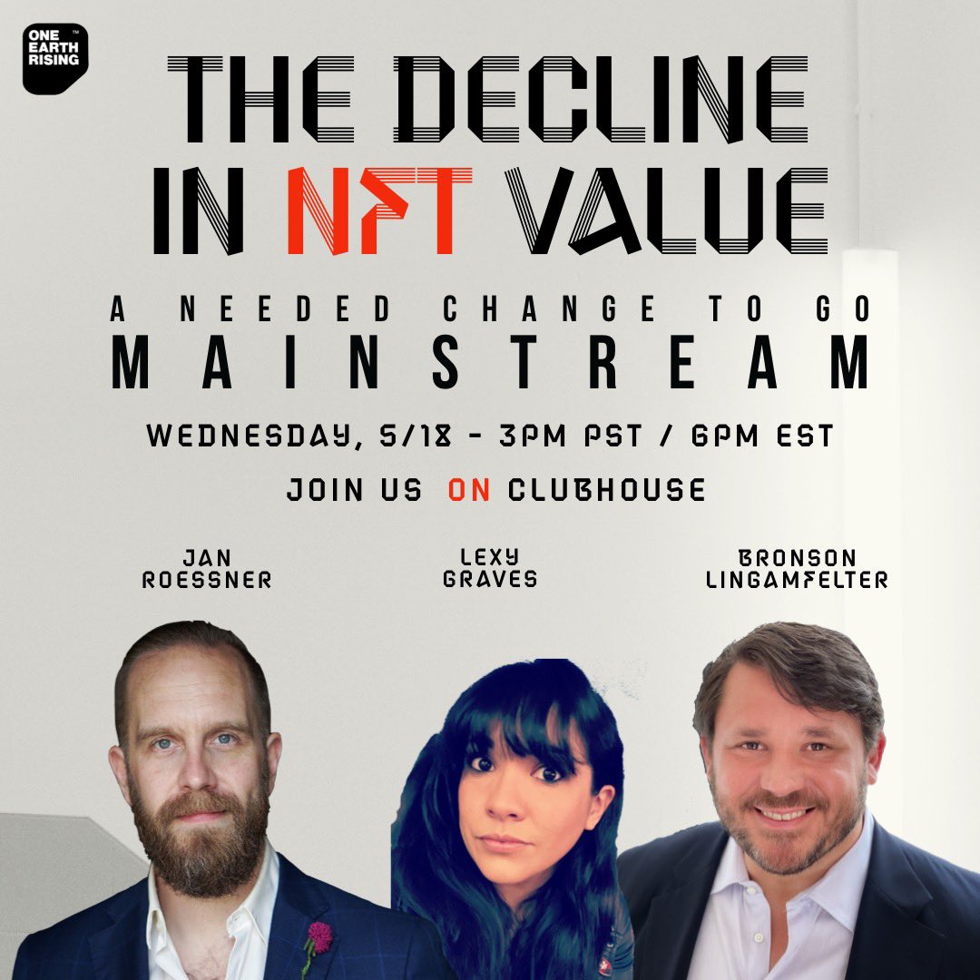 Elementons's tweet photo. GM ☀️ Join us on #Clubhouse Wednesday 5/18 at 3pm PT to discuss the decline in the value of #NFTs! 
⬇️⬇️⬇️
https://t.co/0O2tv9IQ2I https://t.co/IolxF3Dh3b