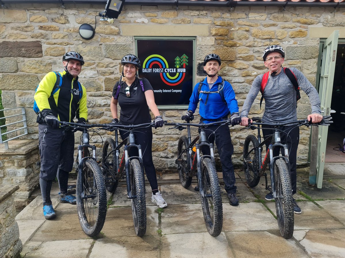 Day 1 on the British Cycling Fundamentals of Mountain Bike Leadership with staff from North Yorkshire County Council.  Wet start but smiles all day in Dalby Forest from these riders who were eager to learn new tips to lead and inspire young mountain bikers. @BCcoaches