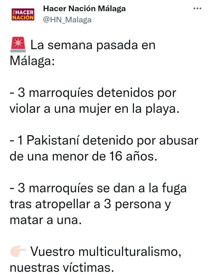 Neonazis de Málaga dicen que 3 marroquíes atropellaron a 3 personas el domingo pasado, matando a 1 de ellas, hoy hemos sabido que hasta ahora los principales acusados, son españoles. Hace 5 años unos españoles le quitaron la vida a Pablo Podadera el día de su cumpleaños y ni mu.