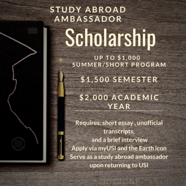 If you are planning to study abroad, consider applying to become a study abroad ambassador! Ambassadors receive a scholarship of $1,000-$2,000 to defray the costs of studying abroad. Apply and learn more at usi.edu/international/…. #studyabroad #scholarship #USIedu