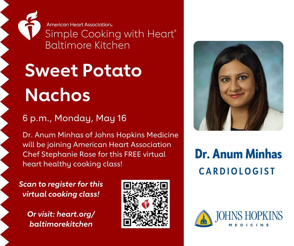 heartmaryland's tweet photo. Craving nachos but still want to be healthy? Tonight we're making Sweet Potato Nachos at the #SimpleCookingWithHeart Kitchen with @DrAnumMinhas of @HopkinsMedicine. #CookWithADoc
Join us at 6 p.m. on Zoom. Get the recipe and register for FREE here: https://t.co/HnRVKU1Ad4 https://t.co/0kVsTi7pUK