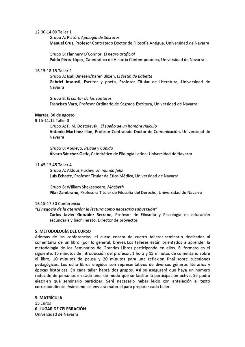 JoseMTorralba's tweet photo. "El reto de leer en el aula. La metodología de los Seminarios de Grandes Libros" (29-30 agosto). Ya tenemos el programa. Ocho talleres-seminario de profesores de @CoreUnav y conferencias de @Aspirar_al_uno, @ngel_pascual y Álvaro Sánchez-Ostiz. Pronto web e inscripciones. https://t.co/9YUFr3hXqh