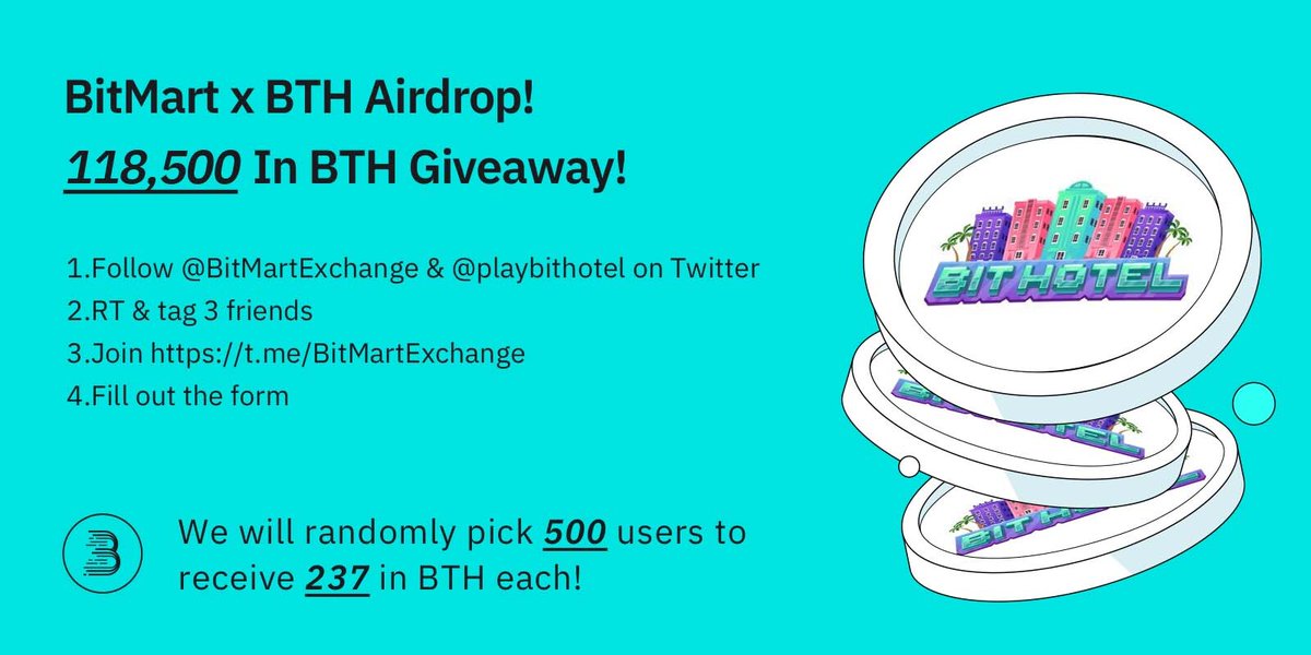 🥳To celebrate the listing of BitHotel (BTH), we’re giving 118,500 BTH away to 500 lucky winners!
 
1⃣Follow <a href="/BitMartExchange/">BitMart</a> &amp; <a href="/playbithotel/">Bit Hotel</a> on Twitter
2⃣RT &amp; tag 3 friends
3⃣Join t.me/BitMartExchange
4⃣Fill out: forms.gle/LayLiXFs826NNj…
 
⏱️ Enter by 11:59 PM EDT 05/21/2022