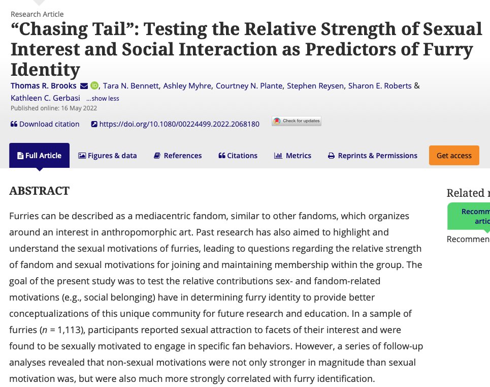 HOT OFF THE PRESS! 
Our latest article 'Chasing Tail' in #JSexResearch discusses the relative weight of sexual/social interests as predictors of furry identity. 

Spoiler Alert! 
Non-sexual motivations are much more strongly correlated with furry identity!
doi.org/10.1080/002244…