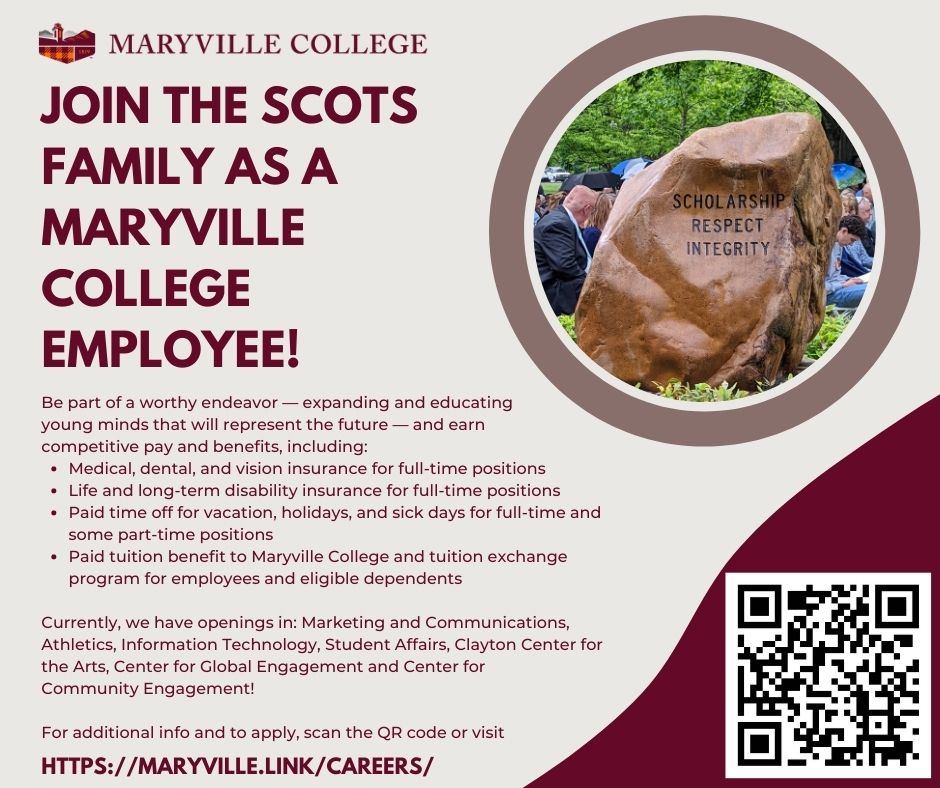 MaryvilleC's tweet photo. If you're looking to make a difference, join an organization that's affecting change and want to work with and for great people ... we probably have a place for you at #MaryvilleCollege. #beascot #goscots #nowhiring https://t.co/fRvfoEBMkG