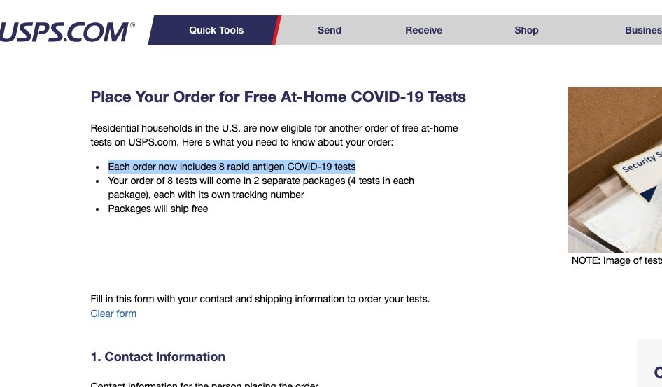 Alexander_Tin's tweet image. Looks like @USPS and @HHSGov have opened up ordering for a third round of free COVID-19 tests

"Each order now includes 8 rapid antigen COVID-19 tests"

special.usps.com/testkits