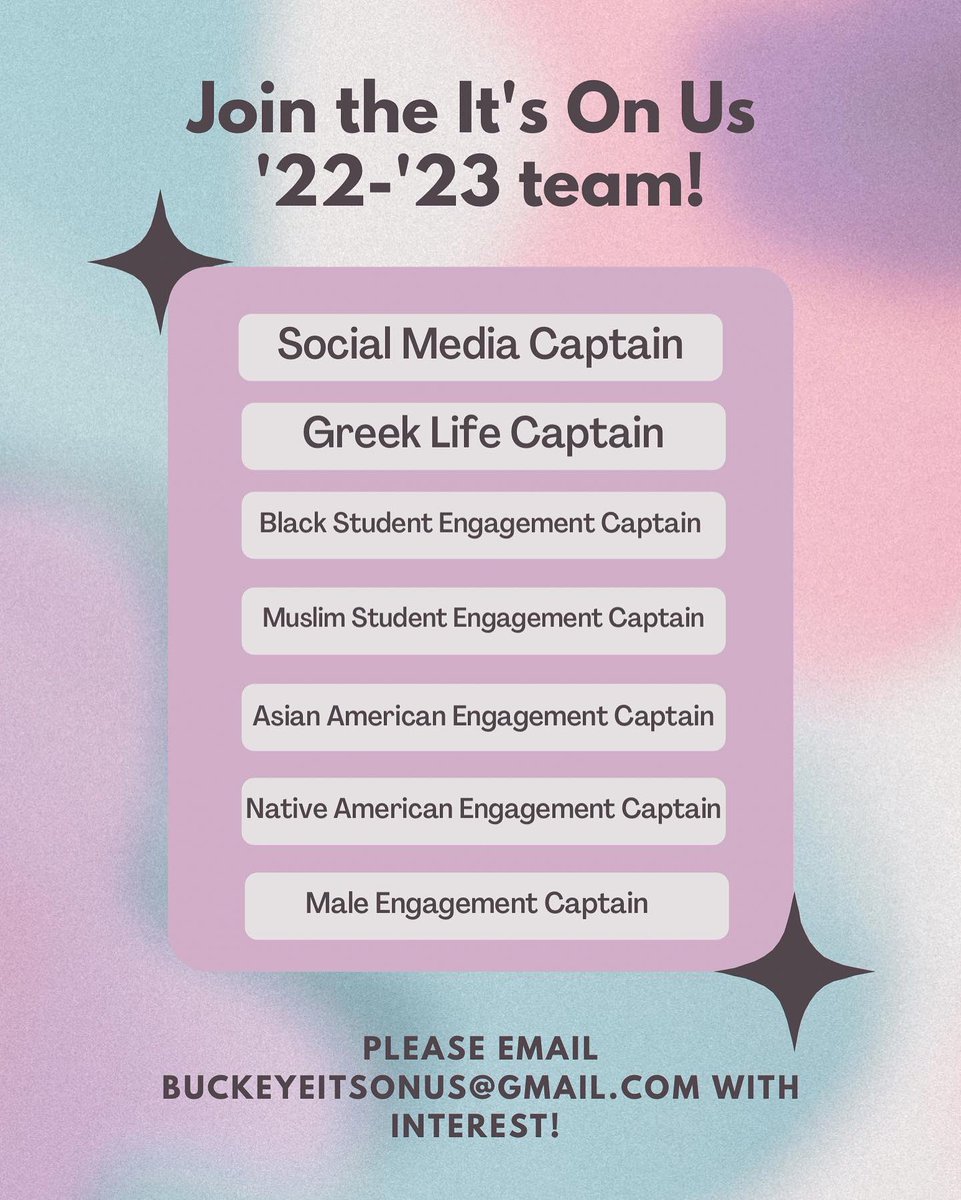 ItsOnUs_OSU's tweet photo. We’re looking for passionate student leaders to join our team! As a captain with It’s On Us you get to be apart of advocacy, event planning, and collaborations with other orgs that highlight the issue of sexual assault. Please reach out to buckeyeitsonus@gmail.com for more info! https://t.co/pTZBWb9Ssq